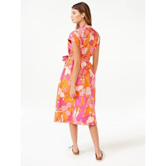 Free Assembly Women’s Pink Orange Belted Short Sleeves Midi Shirt Dress Size XL - Picture 2 of 6